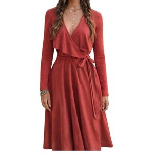 Vicky Tiel Rust Colored Faux Suede V-Neck, Long Sleeve Wrap Dress, Large, Luxury